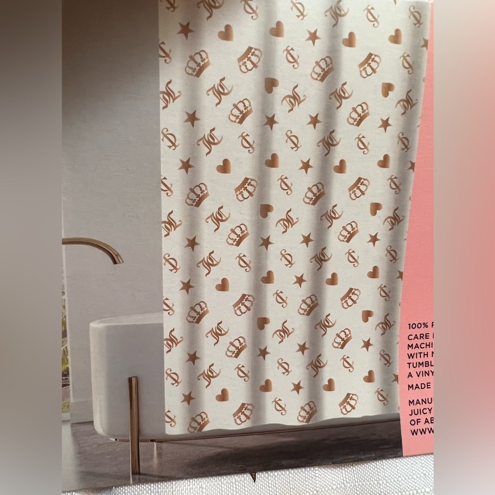 Juicy Couture NWT White Metallic Gold Crowns Hearts Stars Fabric Shower Curtain - Picture 2 of 6